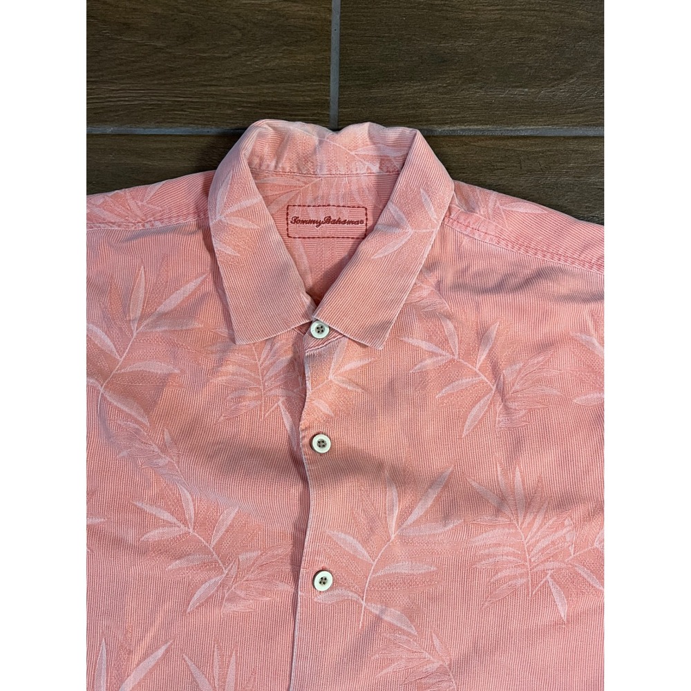 Tommy Bahama Mens XL Silk Shirt Salmon Pink Tropical Leaf Jacquard SS Button
